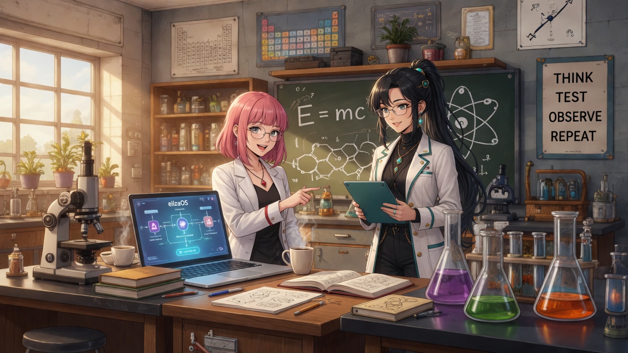 Ruby and Eliza review an elizaOS agent workflow in the science lab